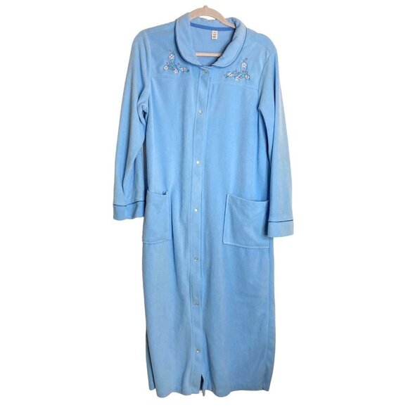Vintage Blue Lightweight Fleece Long Robe Sz M Embroidered Pockets Snap Unworn‎ - Picture 1 of 9